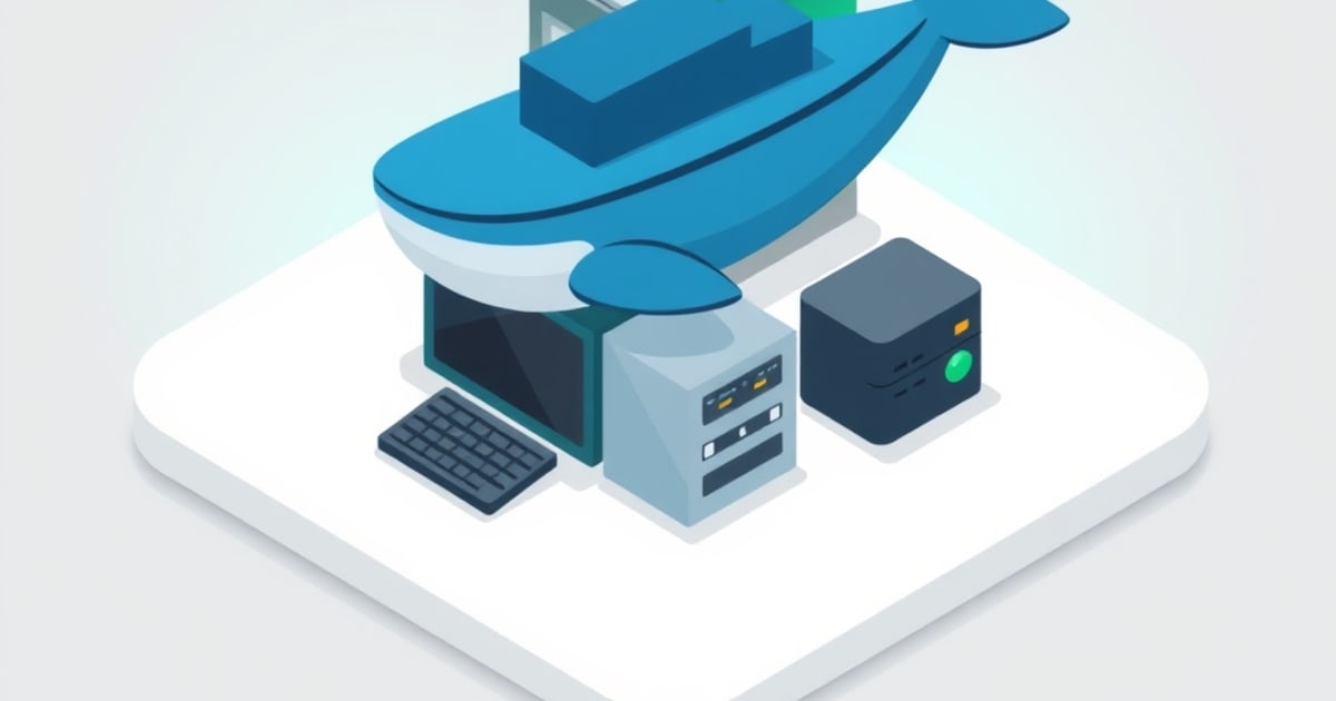 Isometric mini-PC home server running management, reverse-proxy, media, and self-hosted app containers side by side