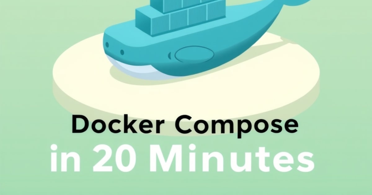 Isometric scene of a YAML file becoming running Docker containers, representing Compose stack deployment