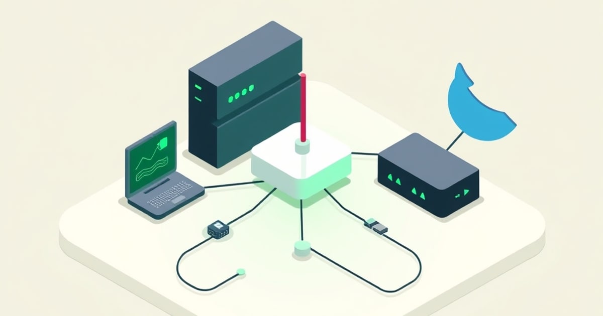 Isometric diagram showing Docker containers communicating across bridge network, with DNS resolution arrows between services